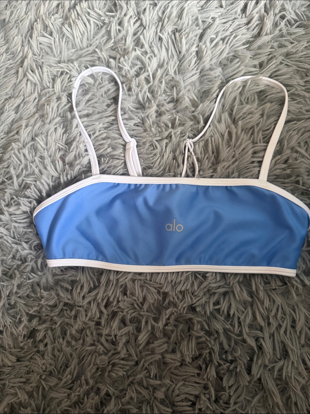 ALO Yoga Light Blue and White Strappy Sports Bra